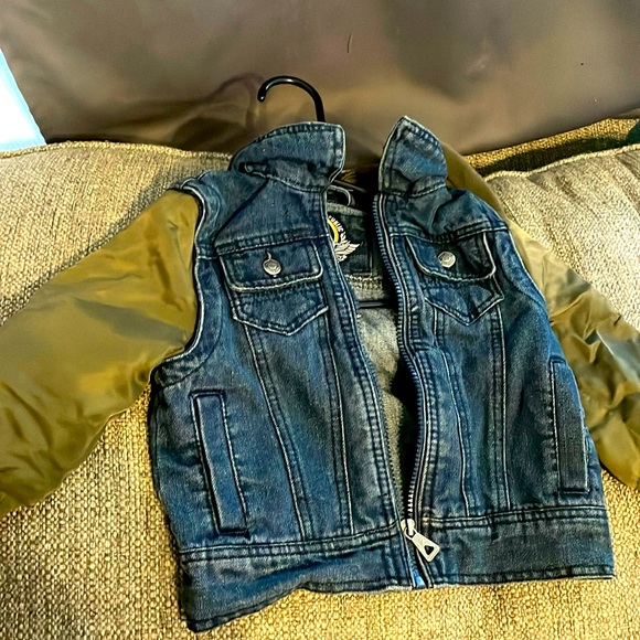 Gently used toddler jacket, denim& olive green w/orange zipper on sleeve sz. 2T - Picture 1 of 4